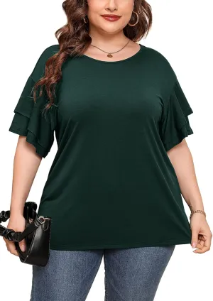 AusLook Plus Size Tunic for Women Double Ruffle Short Sleeve Clothes Loose Fit Clothing Flowy Shirts Summer Tops