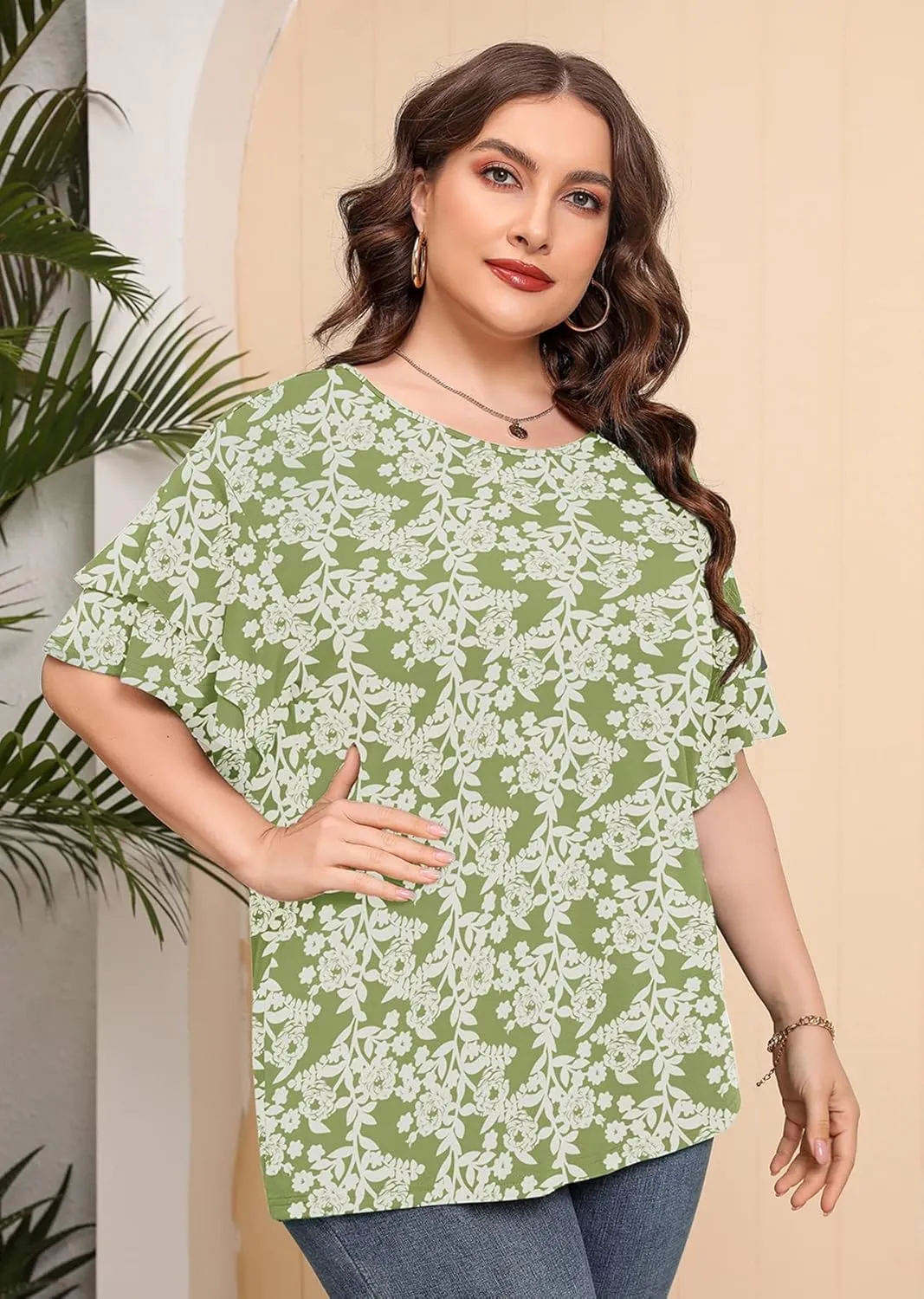 AusLook Plus Size Tunic for Women Double Ruffle Short Sleeve Clothes Loose Fit Clothing Flowy Shirts Summer Tops