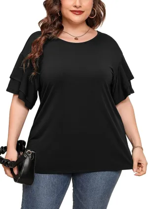AusLook Plus Size Tunic for Women Double Ruffle Short Sleeve Clothes Loose Fit Clothing Flowy Shirts Summer Tops