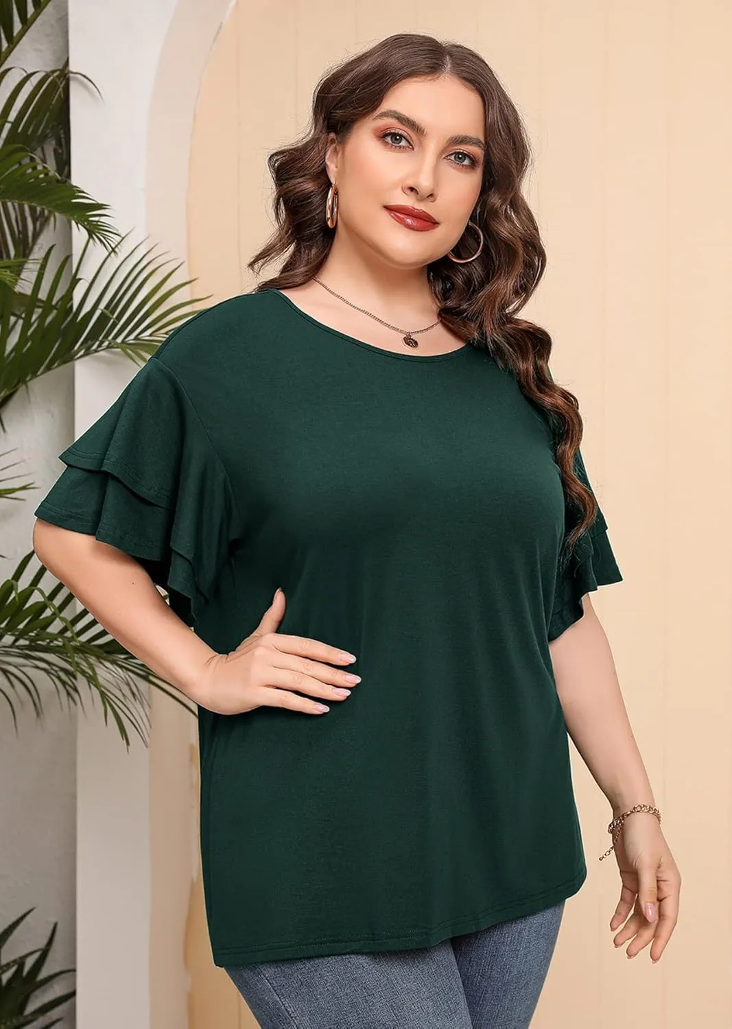 AusLook Plus Size Tunic for Women Double Ruffle Short Sleeve Clothes Loose Fit Clothing Flowy Shirts Summer Tops