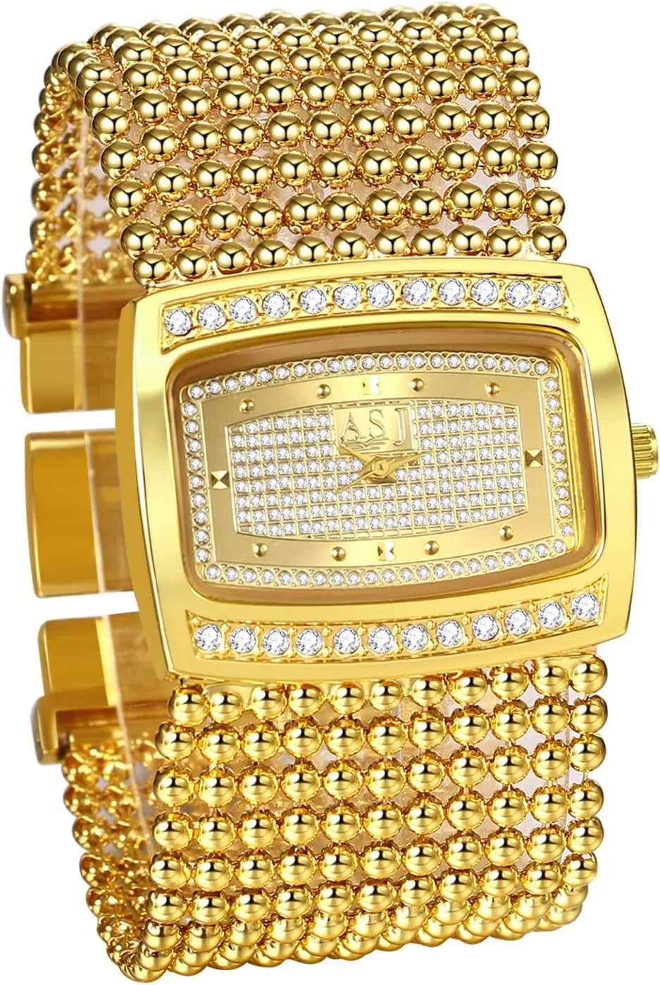 Avaner Women's Square Gold Watches: Analog Quartz Gold Beaded Bracelet Watches Bling Wristwatch