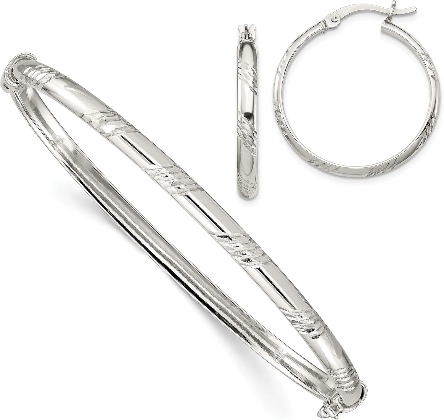 Avariah Solid Sterling Silver Diamond Cut 4mm Bangle and 3mm Hoop Earring Set