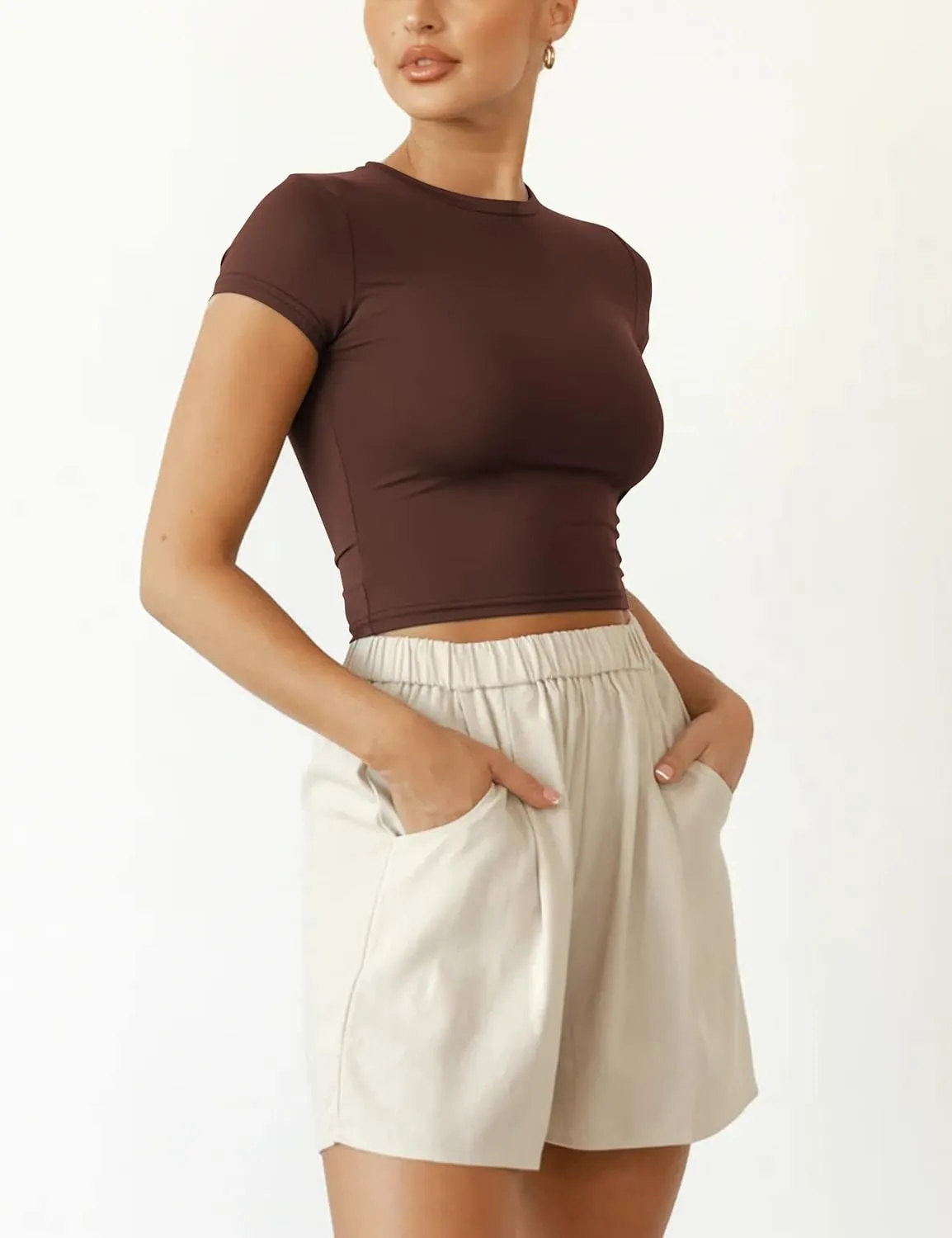 BAIGRAM Women Slim Fit Cap Sleeve Round Neck Crop Tee Top Basic Solid Form Fitting Stretchy Tshirt Summer Baby Tee