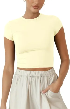 BAIGRAM Women Slim Fit Cap Sleeve Round Neck Crop Tee Top Basic Solid Form Fitting Stretchy Tshirt Summer Baby Tee