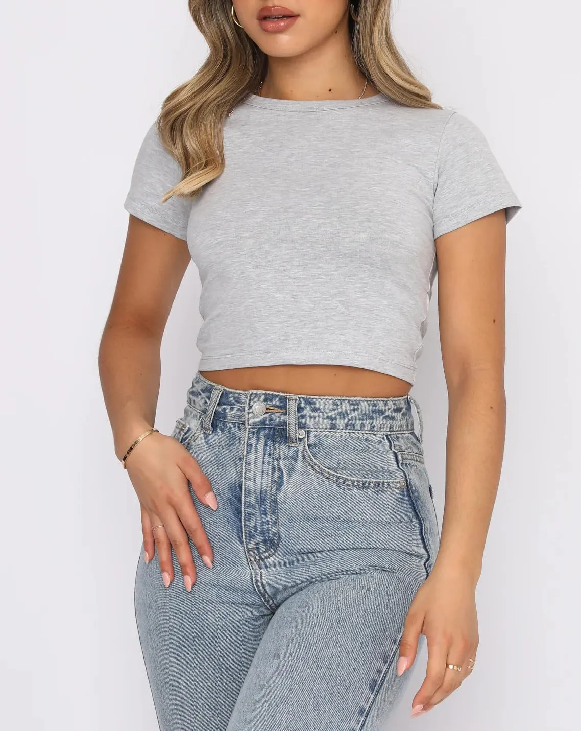 BAIGRAM Women Slim Fit Cap Sleeve Round Neck Crop Tee Top Basic Solid Form Fitting Stretchy Tshirt Summer Baby Tee