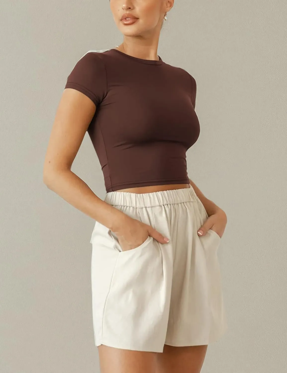 BAIGRAM Women Slim Fit Cap Sleeve Round Neck Crop Tee Top Basic Solid Form Fitting Stretchy Tshirt Summer Baby Tee