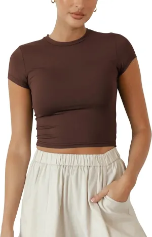 BAIGRAM Women Slim Fit Cap Sleeve Round Neck Crop Tee Top Basic Solid Form Fitting Stretchy Tshirt Summer Baby Tee