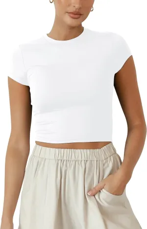 BAIGRAM Women Slim Fit Cap Sleeve Round Neck Crop Tee Top Basic Solid Form Fitting Stretchy Tshirt Summer Baby Tee