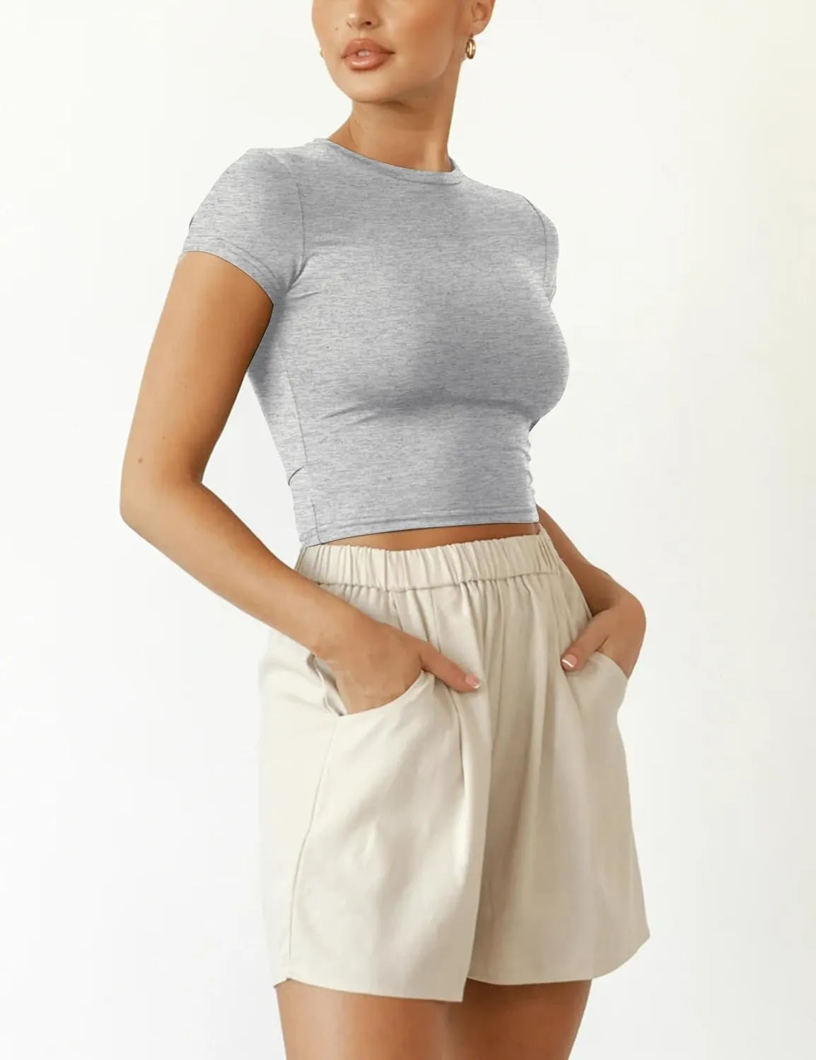 BAIGRAM Women Slim Fit Cap Sleeve Round Neck Crop Tee Top Basic Solid Form Fitting Stretchy Tshirt Summer Baby Tee