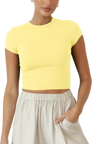 BAIGRAM Women Slim Fit Cap Sleeve Round Neck Crop Tee Top Basic Solid Form Fitting Stretchy Tshirt Summer Baby Tee