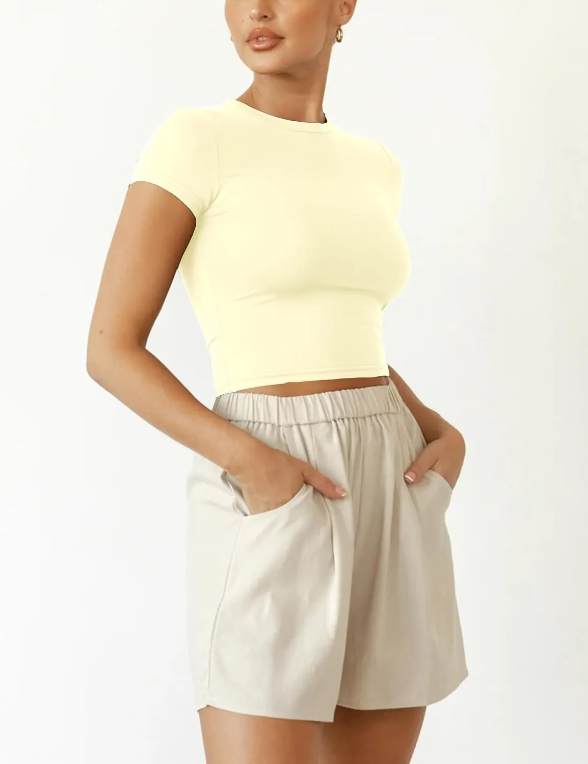BAIGRAM Women Slim Fit Cap Sleeve Round Neck Crop Tee Top Basic Solid Form Fitting Stretchy Tshirt Summer Baby Tee