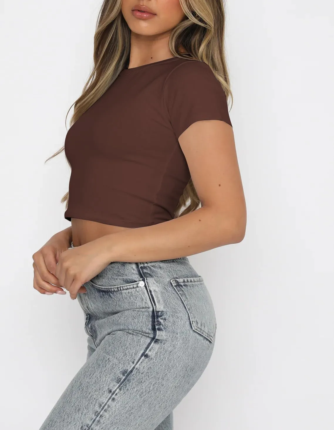 BAIGRAM Women Slim Fit Cap Sleeve Round Neck Crop Tee Top Basic Solid Form Fitting Stretchy Tshirt Summer Baby Tee