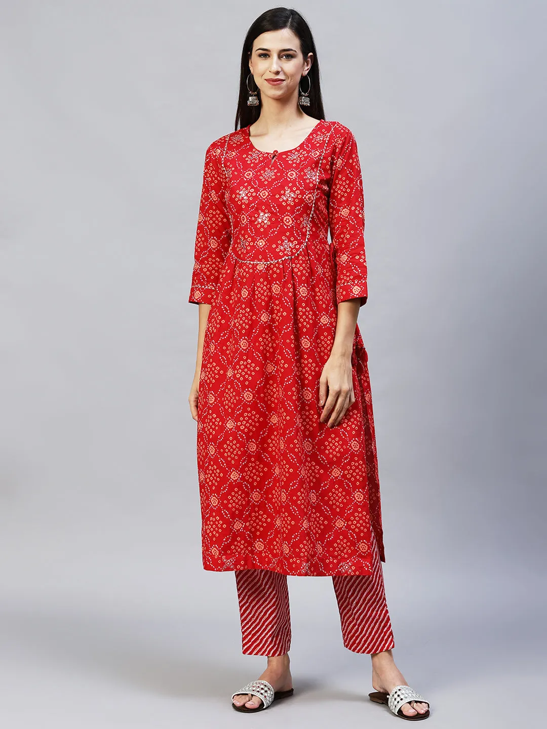 Bandhani Printed & Embroidered A-Line Kurta with Pants – Red