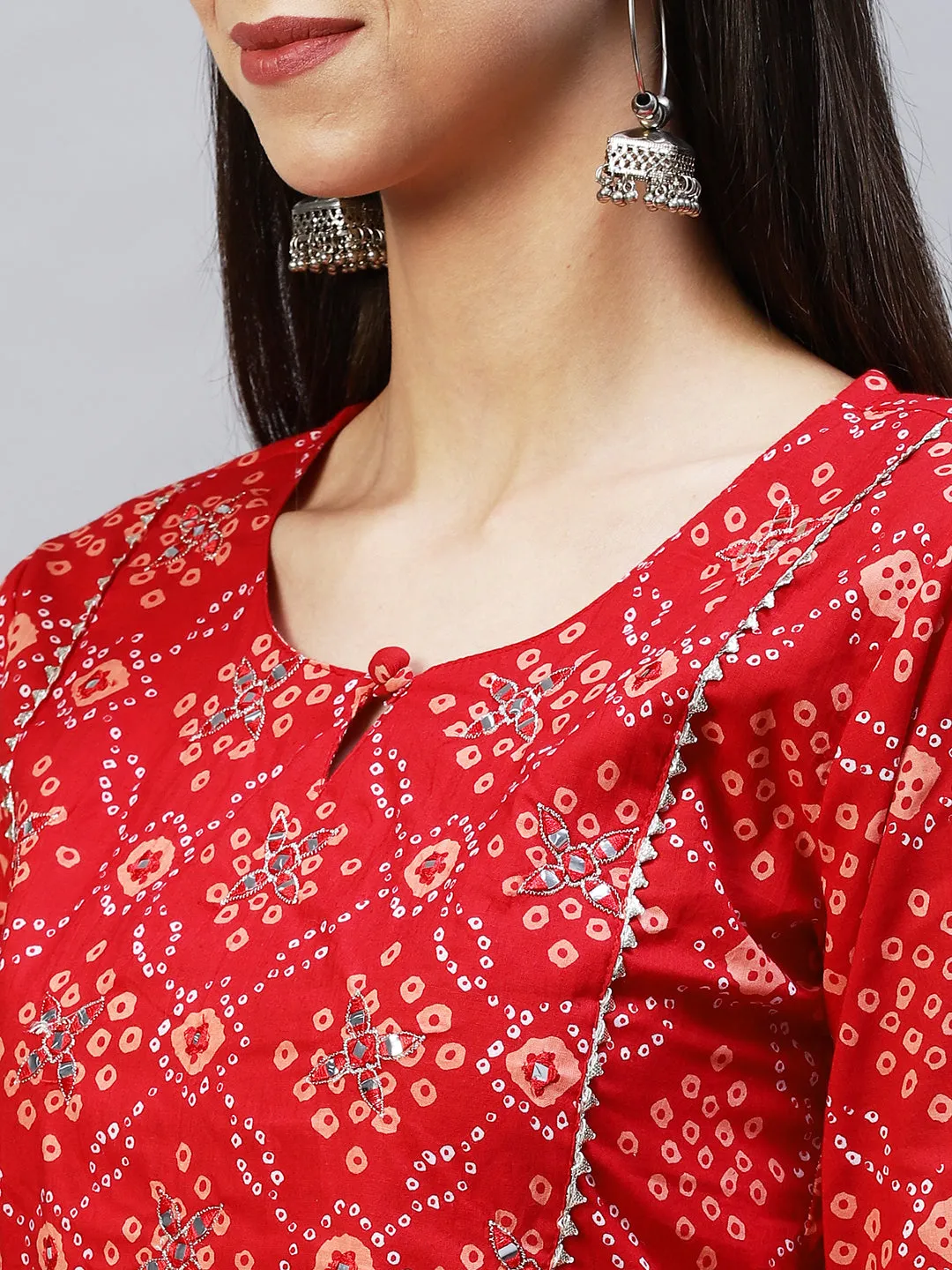 Bandhani Printed & Embroidered A-Line Kurta with Pants – Red