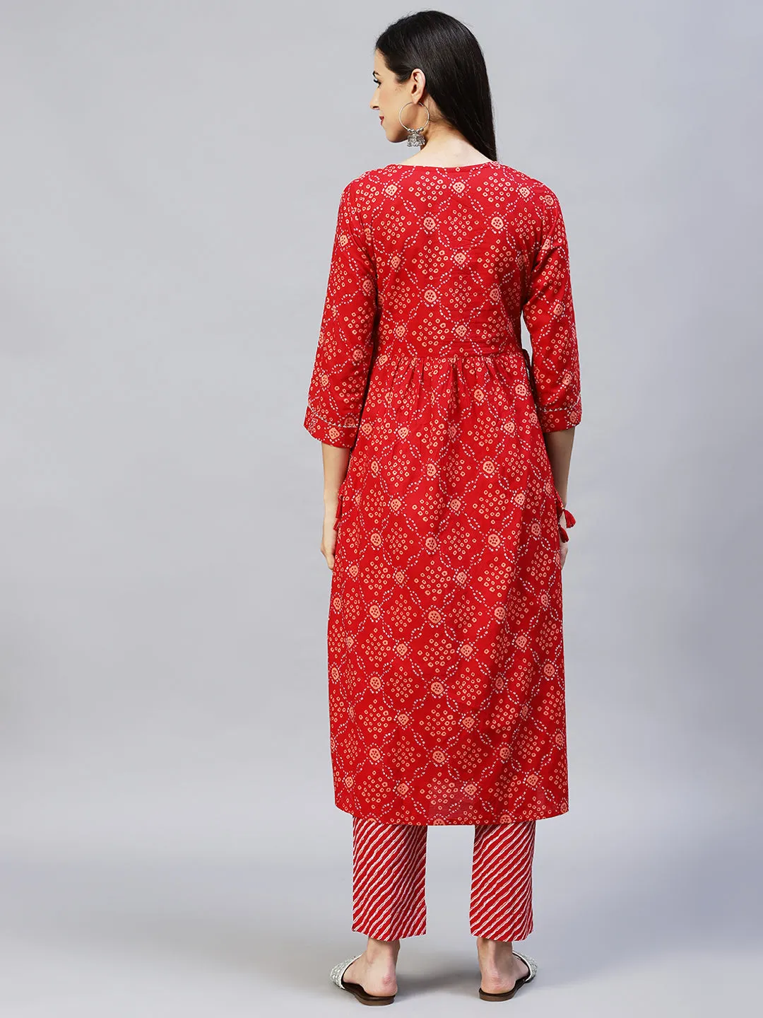 Bandhani Printed & Embroidered A-Line Kurta with Pants – Red