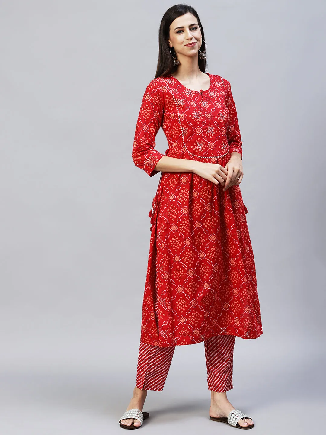 Bandhani Printed & Embroidered A-Line Kurta with Pants – Red