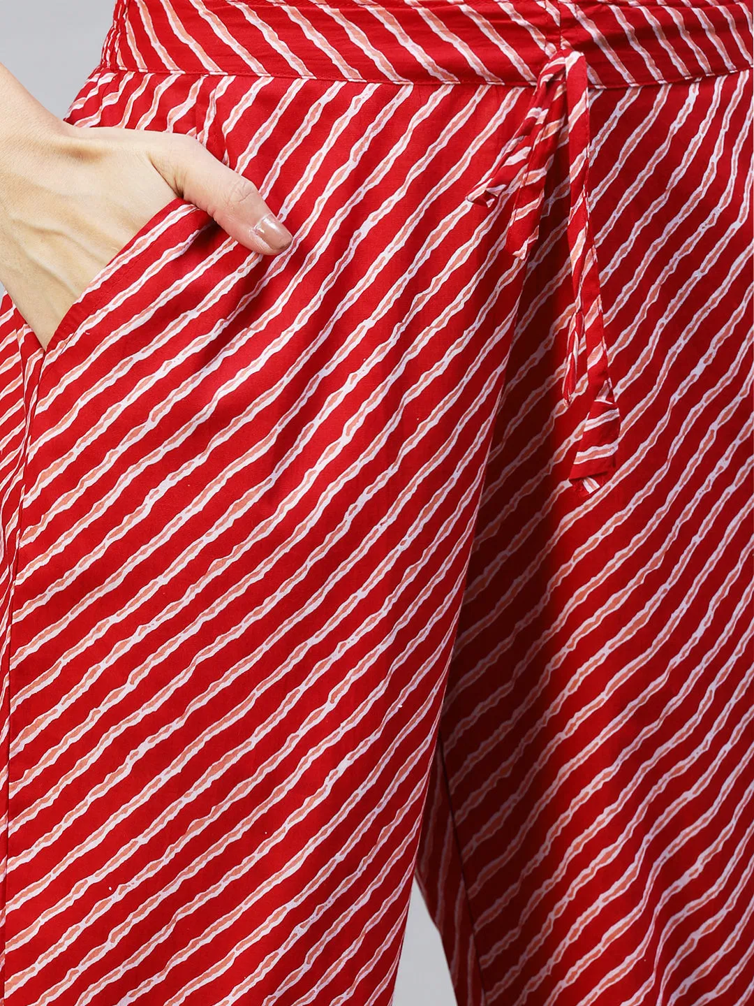 Bandhani Printed & Embroidered A-Line Kurta with Pants – Red