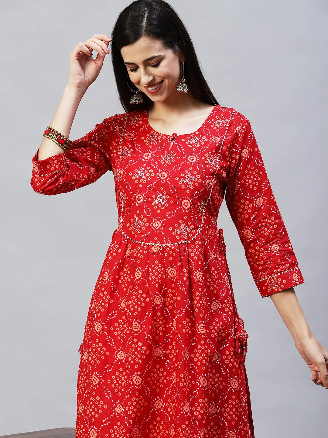 Bandhani Printed & Embroidered A-Line Kurta with Pants – Red