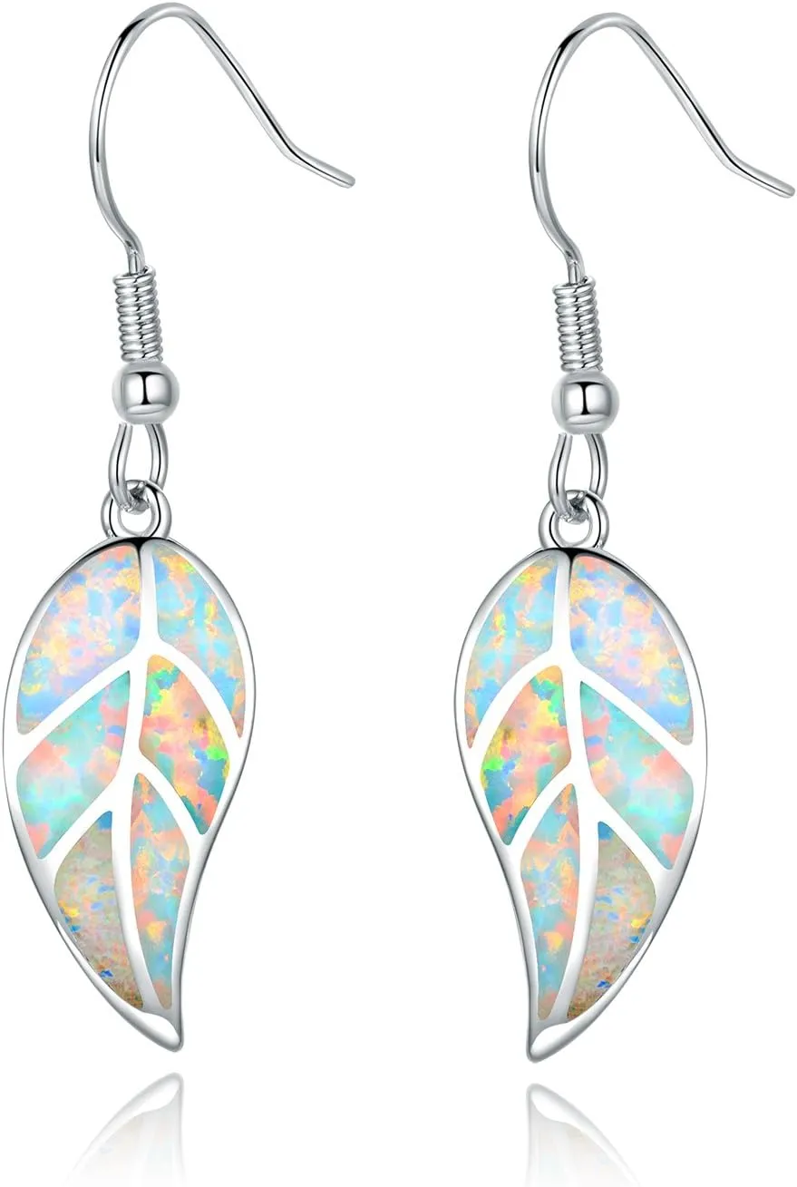 Barzel 18K White Gold/Rose Gold Plated Created White or Green Opal Leaf Drop Dangling Earrings