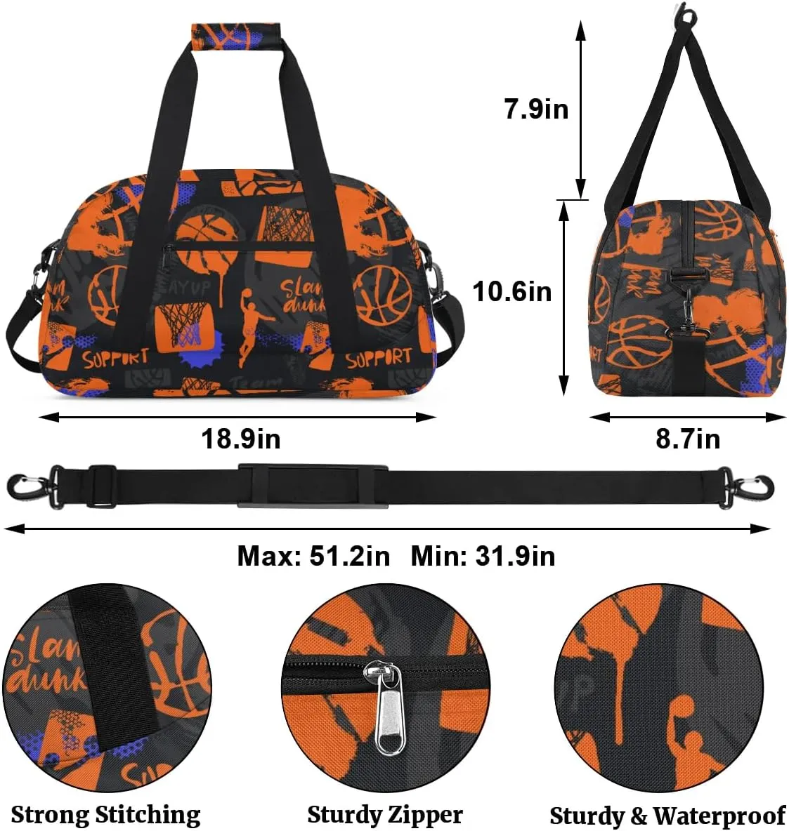 Basketball Kids Overnighter Duffel Bags for Boys Girls, Carry-On Size Sports Gym Bag for School Practice or Overnight Travel Weekender Sleepover Tote Bag