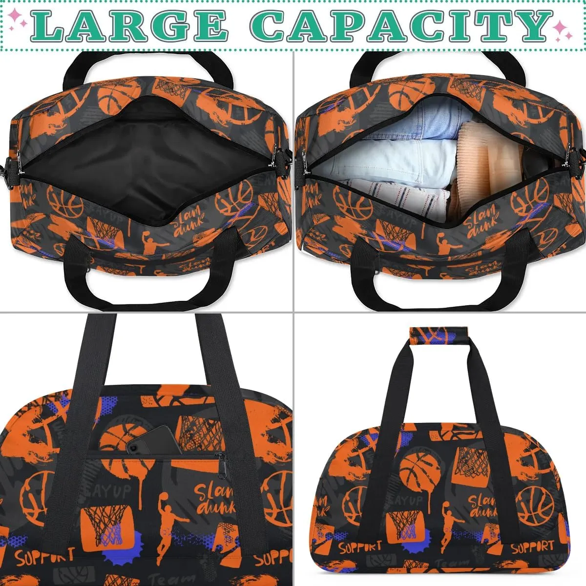 Basketball Kids Overnighter Duffel Bags for Boys Girls, Carry-On Size Sports Gym Bag for School Practice or Overnight Travel Weekender Sleepover Tote Bag