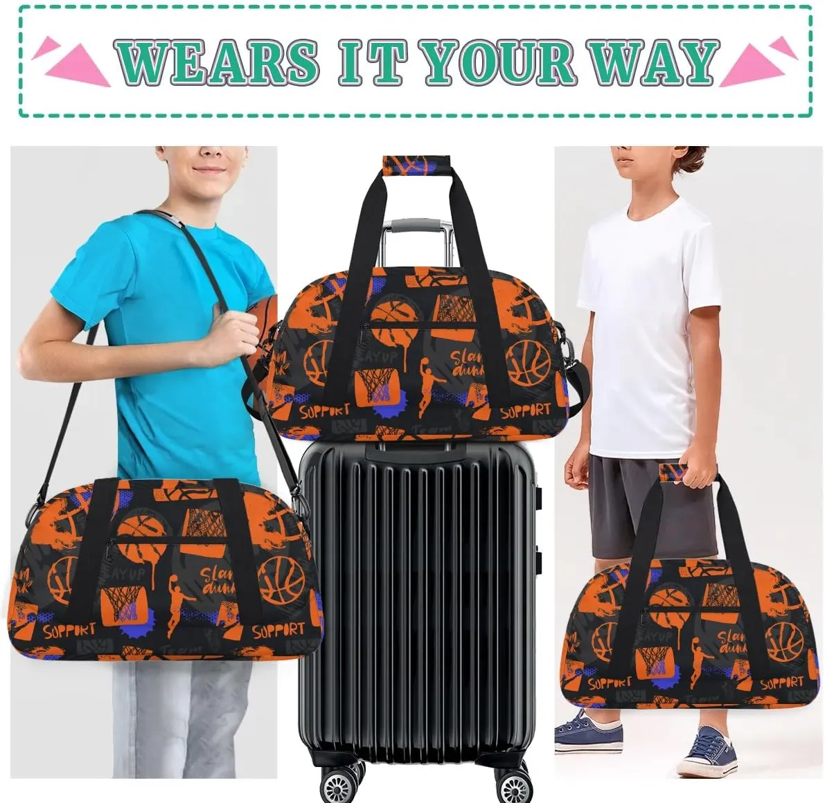 Basketball Kids Overnighter Duffel Bags for Boys Girls, Carry-On Size Sports Gym Bag for School Practice or Overnight Travel Weekender Sleepover Tote Bag