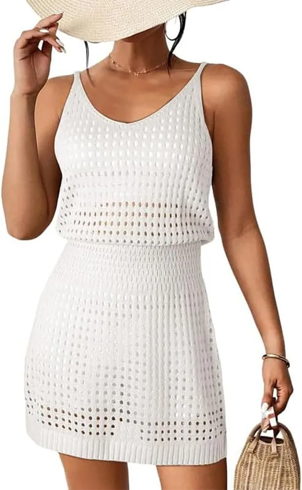 Bathing Suit Swim Cover Ups Spaghetti Strap Sundress Crochet Hollow Out Knit Cruise Outfits Beach Summer Dresses Women