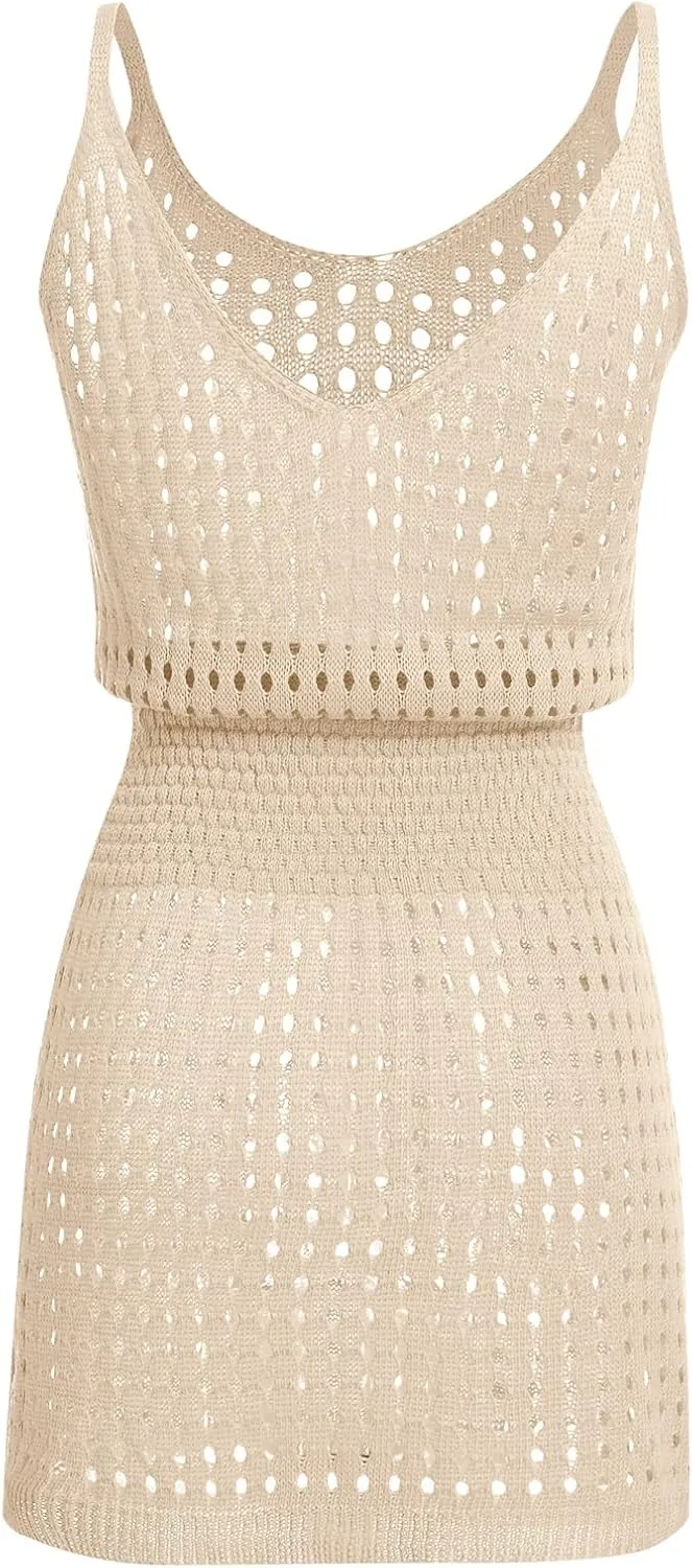 Bathing Suit Swim Cover Ups Spaghetti Strap Sundress Crochet Hollow Out Knit Cruise Outfits Beach Summer Dresses Women