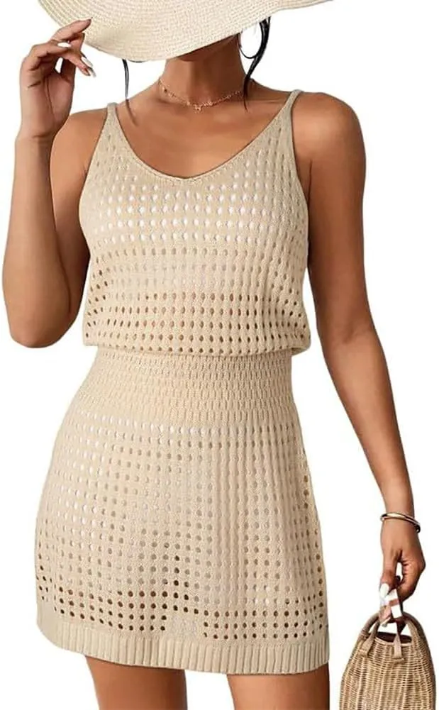 Bathing Suit Swim Cover Ups Spaghetti Strap Sundress Crochet Hollow Out Knit Cruise Outfits Beach Summer Dresses Women