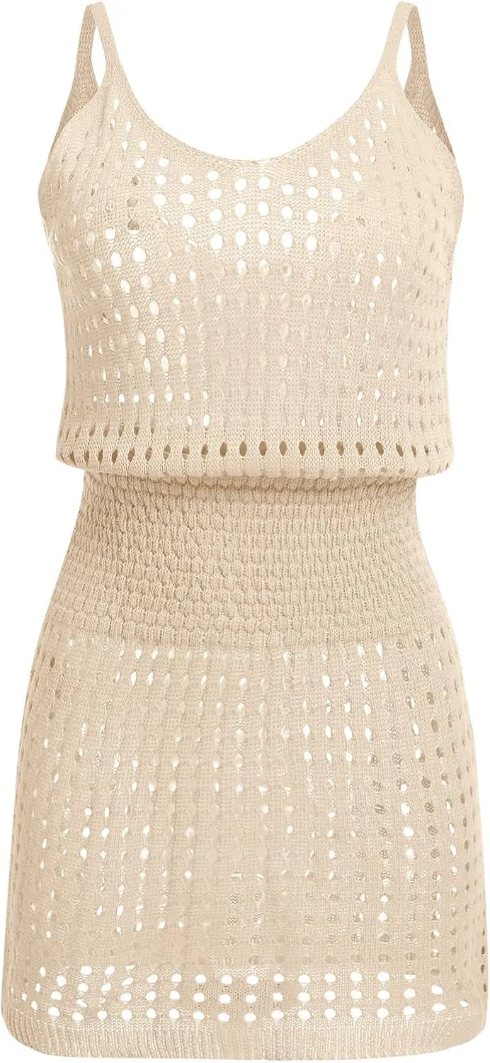 Bathing Suit Swim Cover Ups Spaghetti Strap Sundress Crochet Hollow Out Knit Cruise Outfits Beach Summer Dresses Women