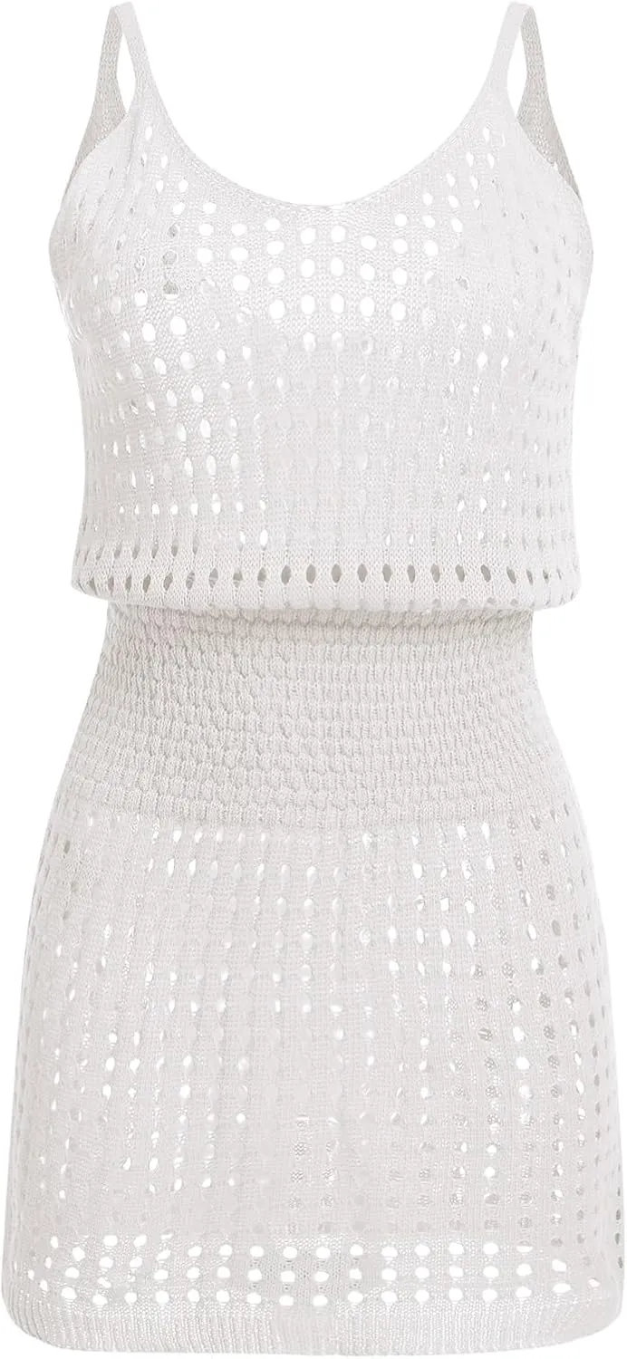 Bathing Suit Swim Cover Ups Spaghetti Strap Sundress Crochet Hollow Out Knit Cruise Outfits Beach Summer Dresses Women