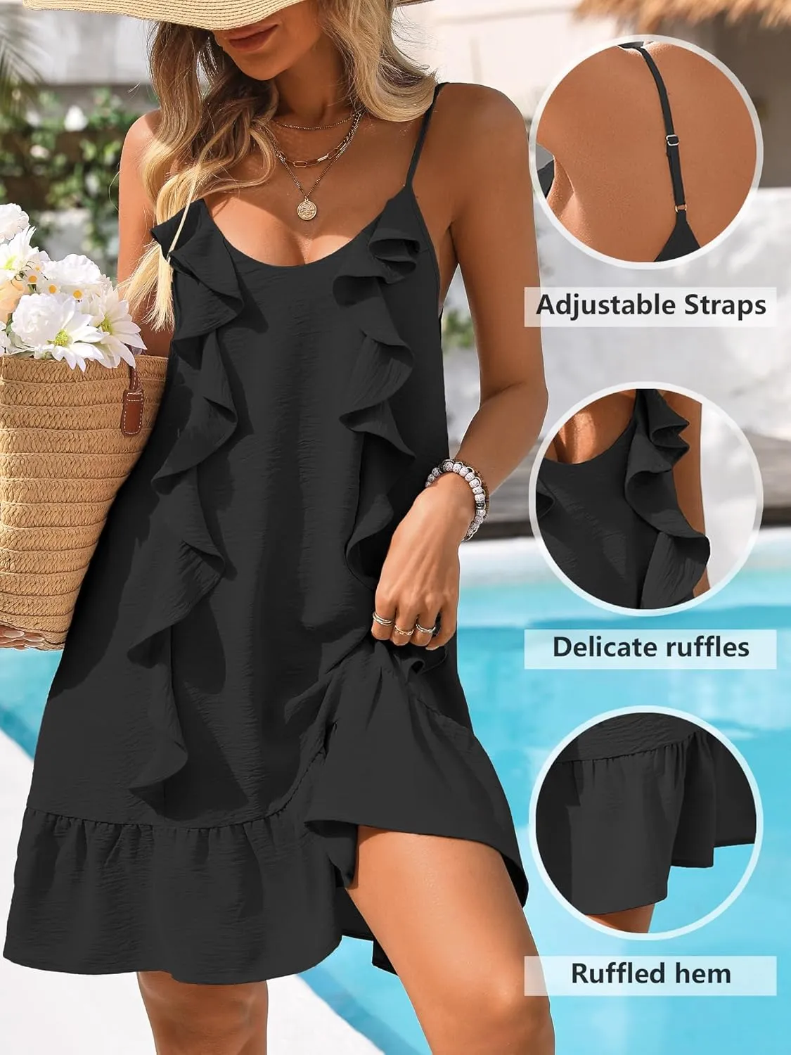 BB&KK Womens Swimsuit Cover Up Dress Ruffled Spaghetti Strap Dress Summer Beach Vacation Bathing Suit Sundress Coverups 2025