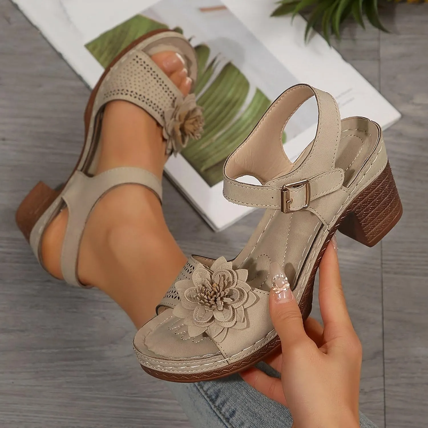 Beach Sandals for Women Dressy Arch Support Ankle Strap Wedge Platform Summer Casual Hollow Out Open Toe Trendy Low Heel Shoes Peep Slingback Bohemian Chic Flowers Chunky Travel Party Sandal