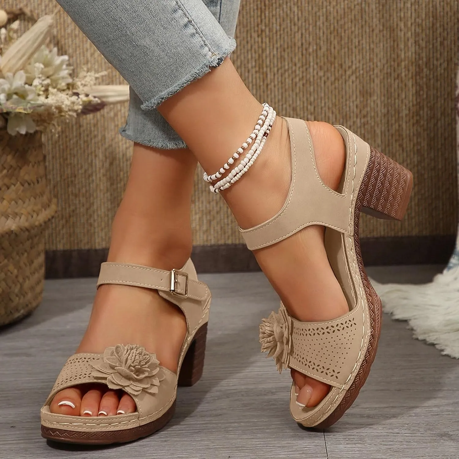 Beach Sandals for Women Dressy Arch Support Ankle Strap Wedge Platform Summer Casual Hollow Out Open Toe Trendy Low Heel Shoes Peep Slingback Bohemian Chic Flowers Chunky Travel Party Sandal