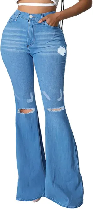 Bell Bottom Jeans for Women Ripped High Waisted Flared Denim Pants Classic Hole Retro Skinny Jean Trousers