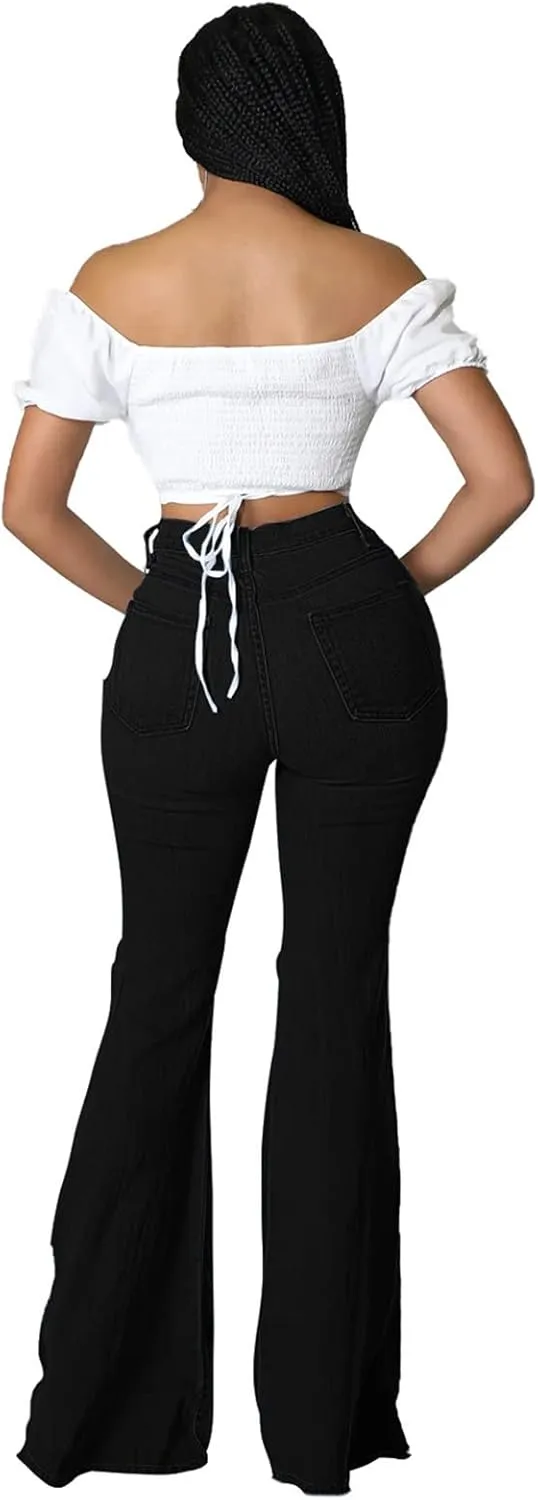 Bell Bottom Jeans for Women Ripped High Waisted Flared Denim Pants Classic Hole Retro Skinny Jean Trousers