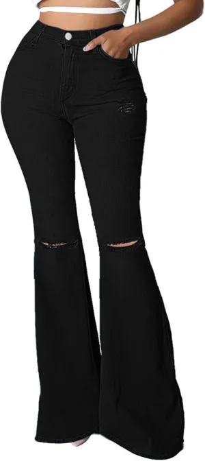 Bell Bottom Jeans for Women Ripped High Waisted Flared Denim Pants Classic Hole Retro Skinny Jean Trousers