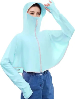 Bellady Sun UV Protection Shirts for Women, Hooded Rash Guard with Face Mask, Zip up Hoodie Swimsuit Cover ups