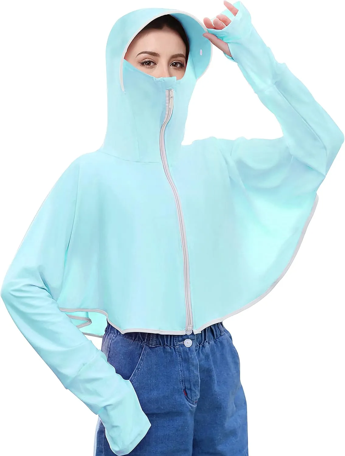 Bellady Sun UV Protection Shirts for Women, Hooded Rash Guard with Face Mask, Zip up Hoodie Swimsuit Cover ups