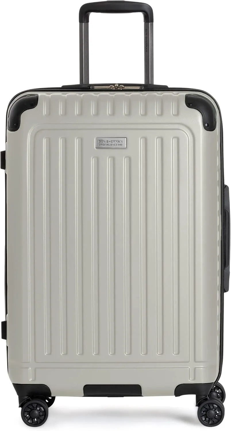 Ben Sherman Sunderland Spinner Travel Upright Luggage, Dover White, 24-Inch Checked
