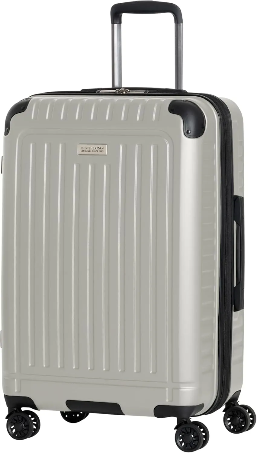 Ben Sherman Sunderland Spinner Travel Upright Luggage, Dover White, 24-Inch Checked
