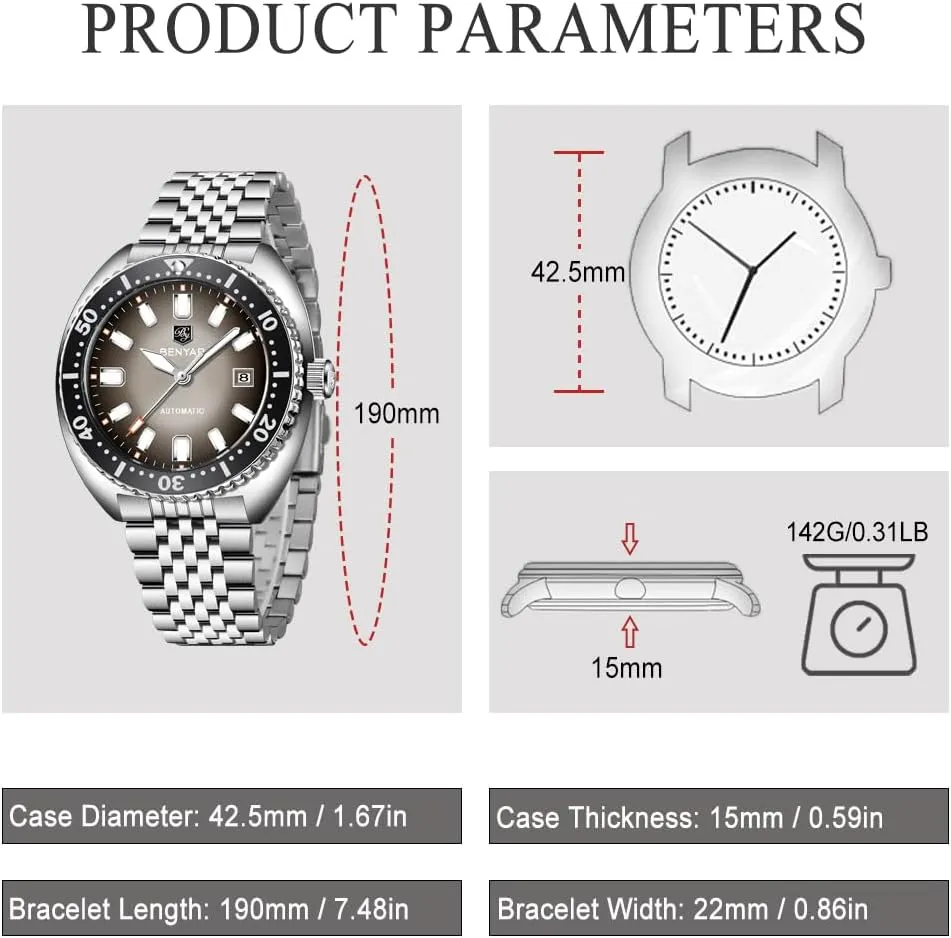 Benyar Watches Men Stainless Steel Strap Mechanical Watch 50M Waterproof Calendar Luminous Business Mens Automatic Watch