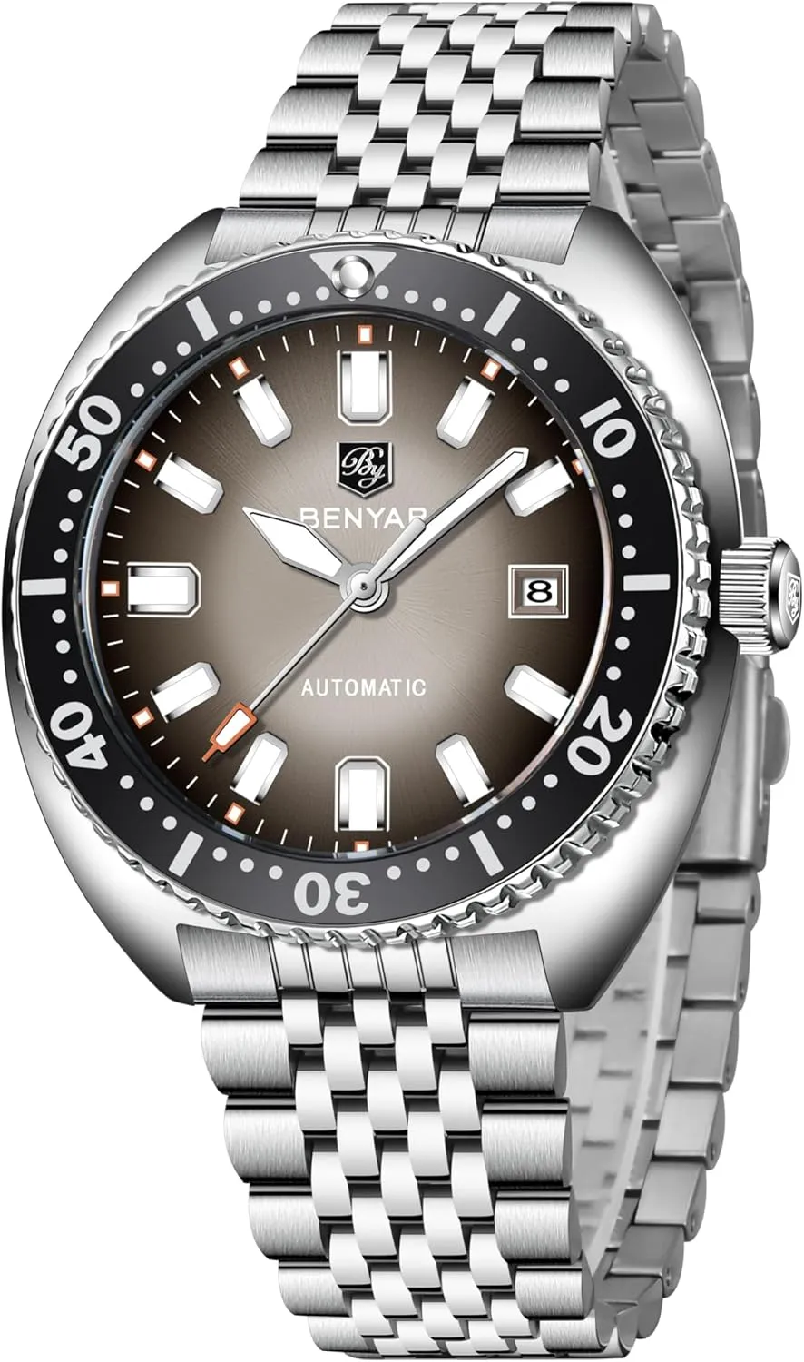 Benyar Watches Men Stainless Steel Strap Mechanical Watch 50M Waterproof Calendar Luminous Business Mens Automatic Watch