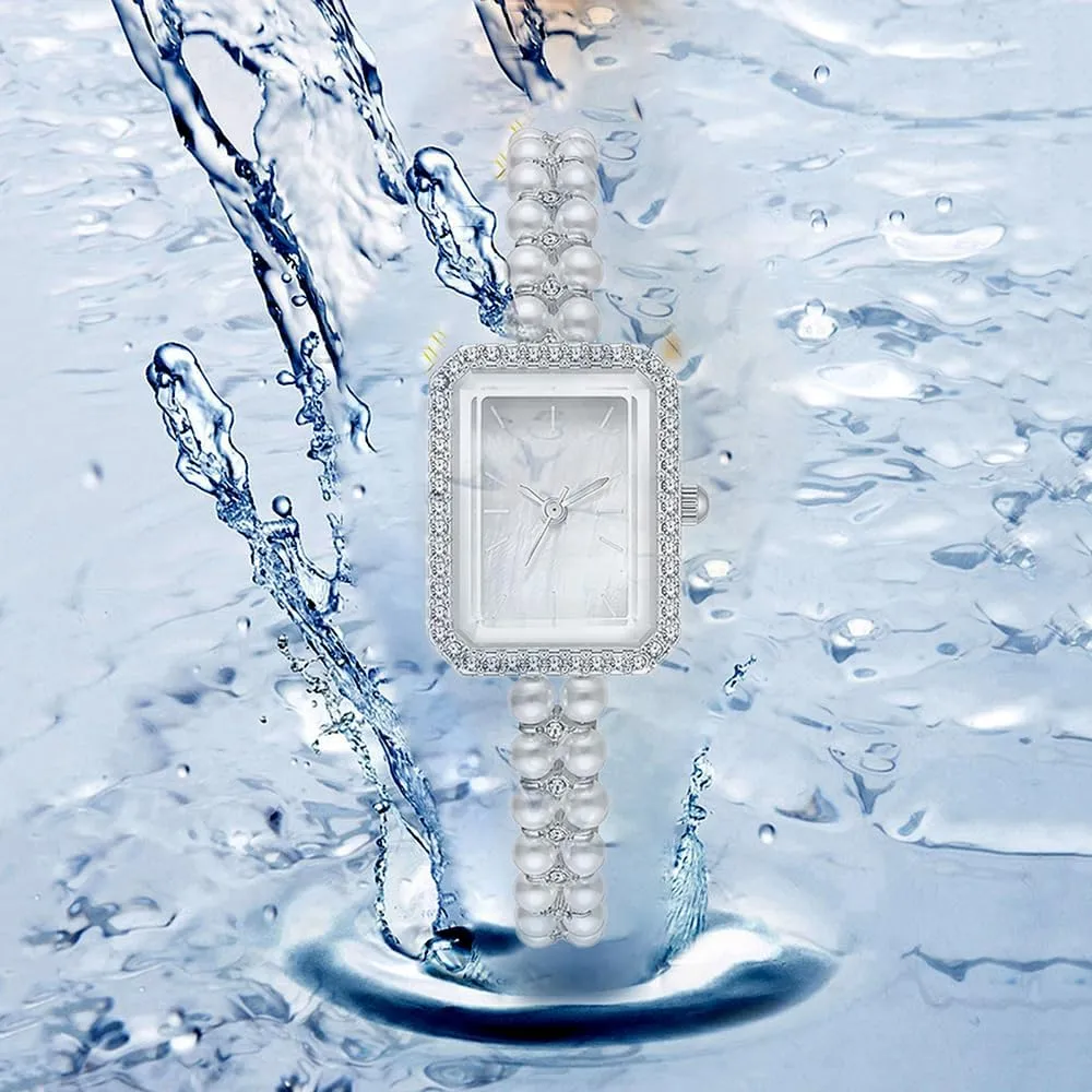 BESTKANG Elegant Pearl Watches for Women Small Square Dial Analog Quartz Watch Pearl Strap Diamonds Bracelet Dress Women's Watch