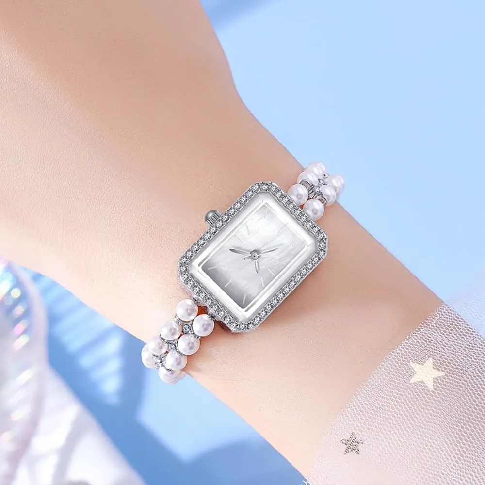 BESTKANG Elegant Pearl Watches for Women Small Square Dial Analog Quartz Watch Pearl Strap Diamonds Bracelet Dress Women's Watch
