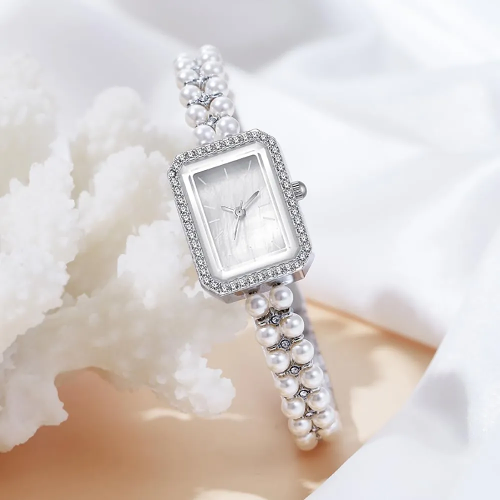 BESTKANG Elegant Pearl Watches for Women Small Square Dial Analog Quartz Watch Pearl Strap Diamonds Bracelet Dress Women's Watch