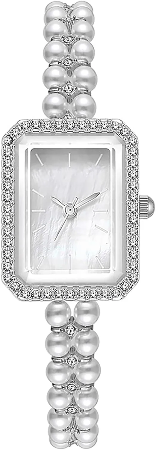 BESTKANG Elegant Pearl Watches for Women Small Square Dial Analog Quartz Watch Pearl Strap Diamonds Bracelet Dress Women's Watch