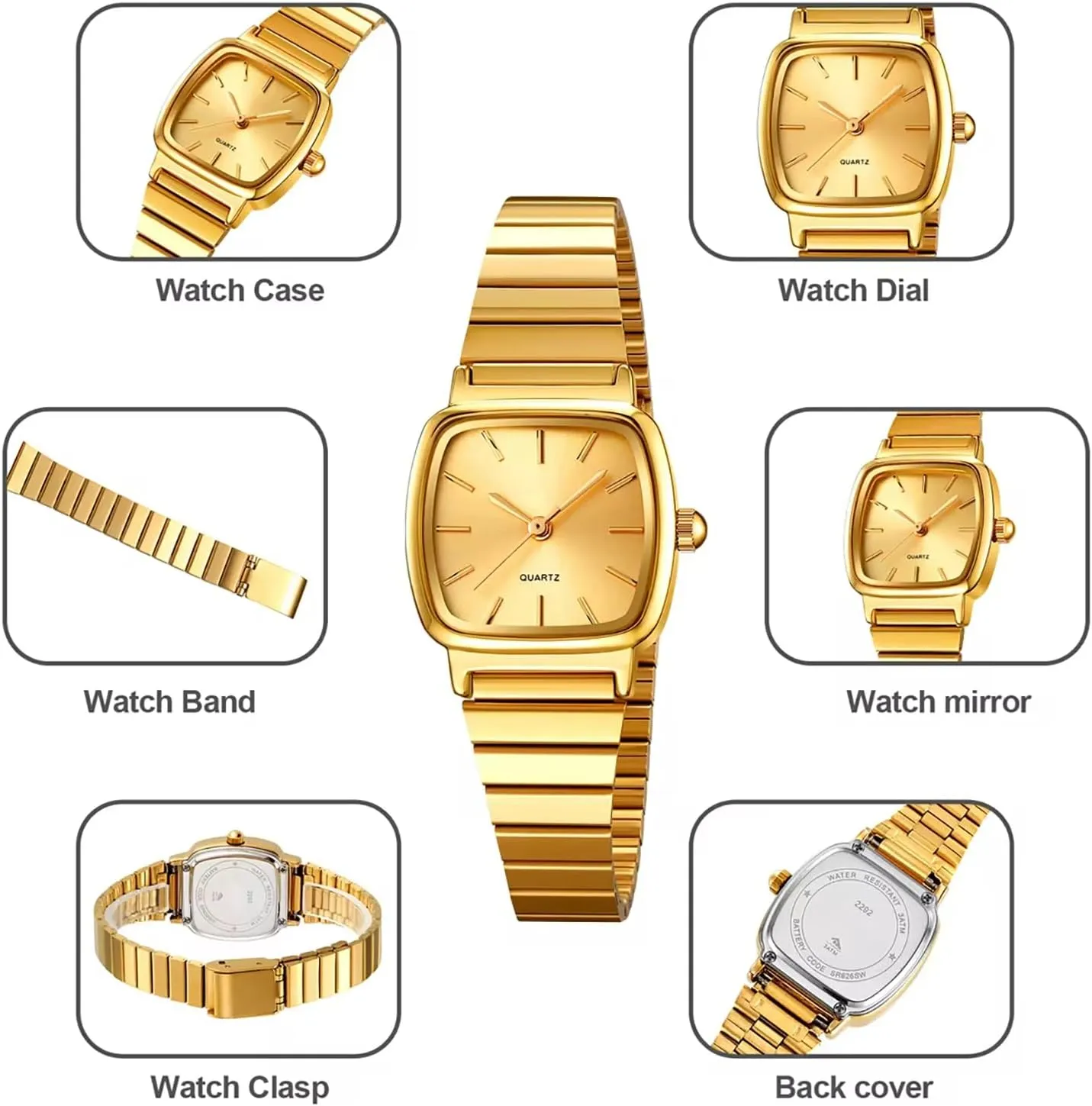 BESTKANG Women's Quartz Watch Ultra-Thin Small Dial Square Stainless Steel Strap Easy to Read Gold Watches for Women