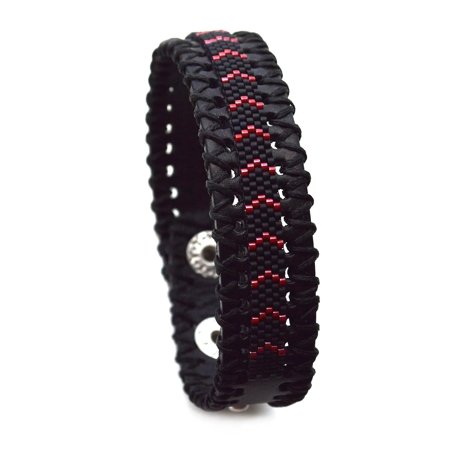 Black and Red Unisex Cuff Bracelet Adjustable Snap on Mens Jewelry Gift for Him from Her Stacking Hipster Beaded Matte Man, Faux Leather Bracelet - Hand Woven Cuff Bracelet for Women