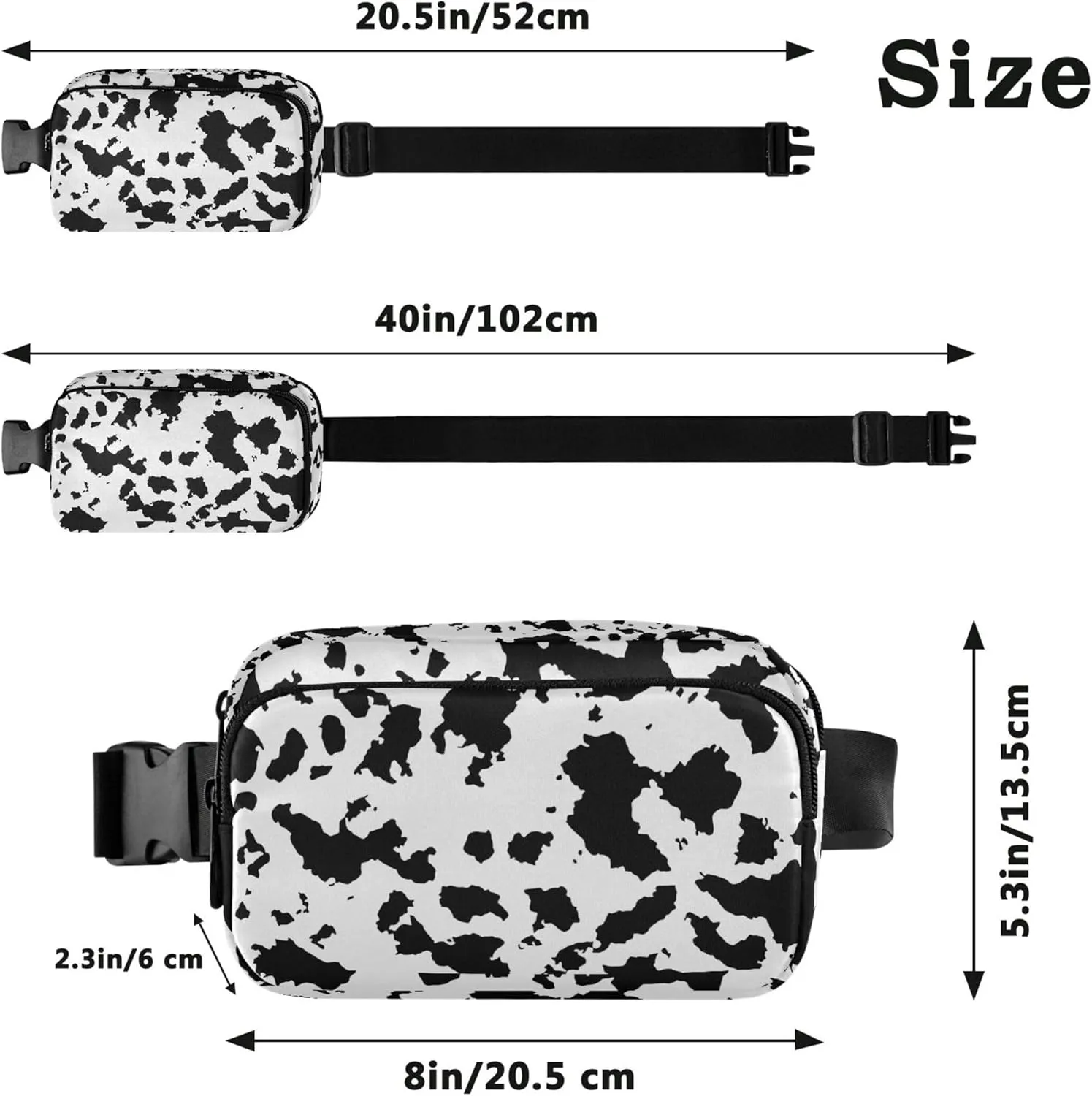 Black and White Cow Fanny Pack for Women Waterproof Belt Bag Hip Pack Hiking Waist Pack for Women